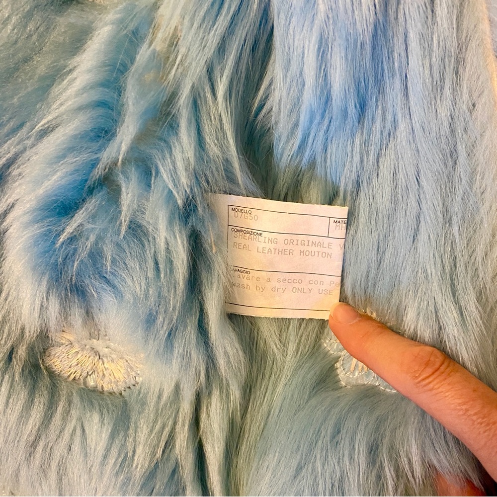 Tan shearling jacket with blue faux fur trim - Picture 7 of 8